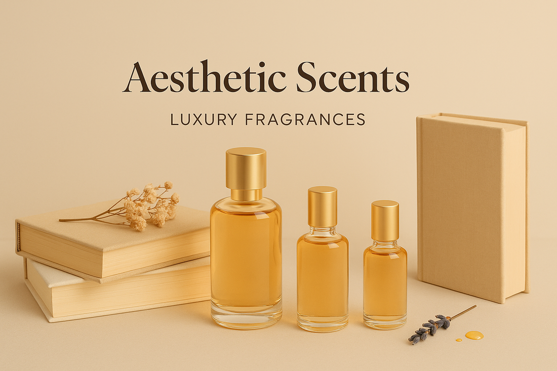 Homepage banner for Aesthetic Scents featuring elegant fragrance bottles and books